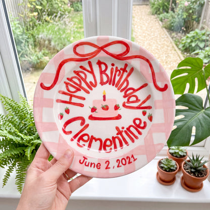 Pink Gingham Edge Birthday Plate, Hand-Painted Red Ribbon & Strawberry Cake Design, Custom Name Ceramic Plate | B019
