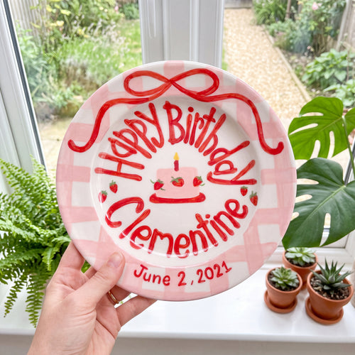Pink Gingham Edge Birthday Plate, Hand-Painted Red Ribbon & Strawberry Cake Design, Custom Name Ceramic Plate | B019