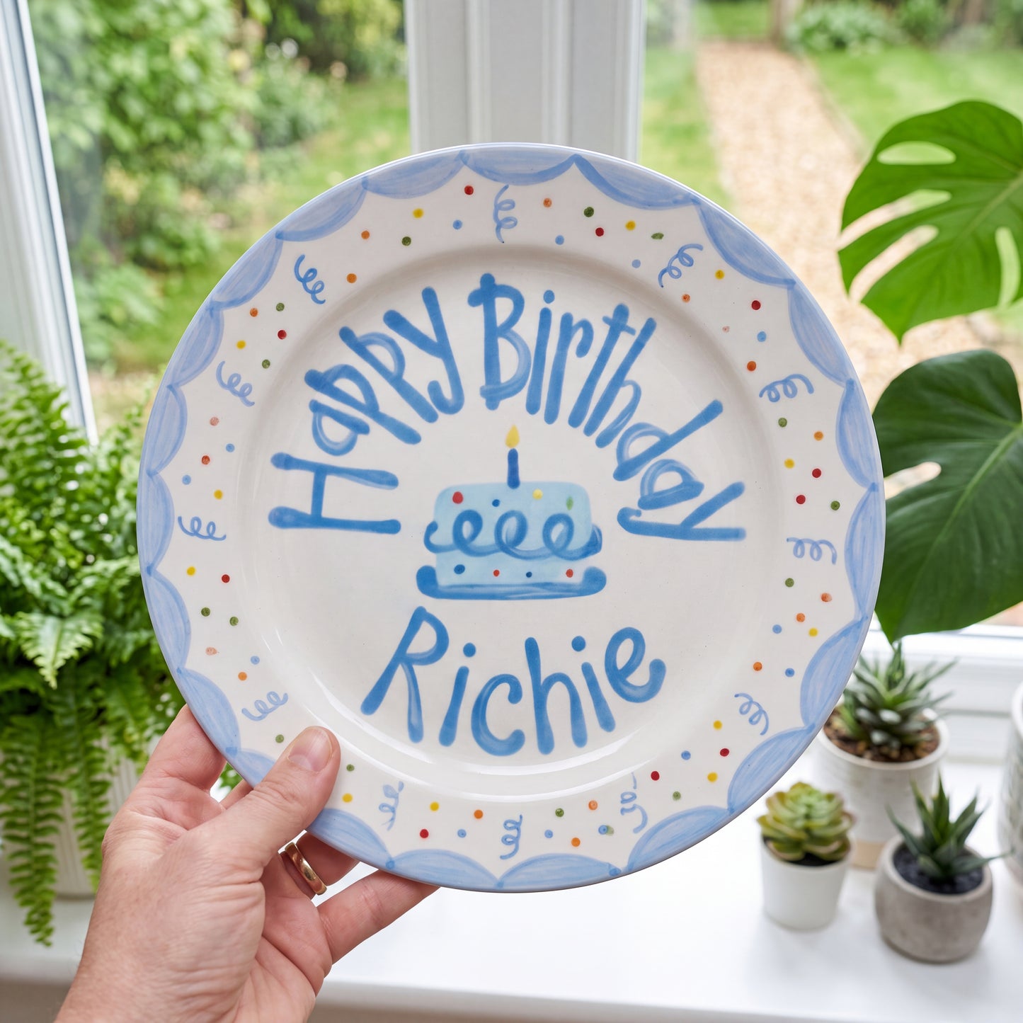 Blue Scalloped Edge Ceramic Plate, Hand-Painted Light Blue Scallops & Confetti, Custom Personalized Name Birthday Plate | B020