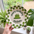 Personalized Birthday Plate – Green Checkered Border & Green Birthday Cake Design | BGI001