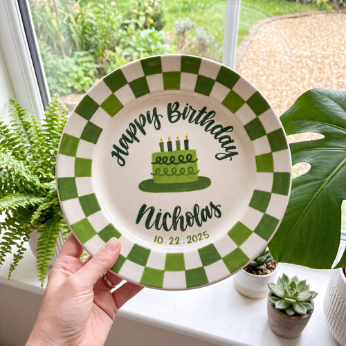 Personalized Birthday Plate – Green Checkered Border & Green Birthday Cake Design | BGI001