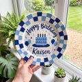 Personalized Birthday Plate – Custom Name & Date with Navy Blue Checkerboard Border, Balloons & Birthday Cake – Birthday Celebration | BGI012