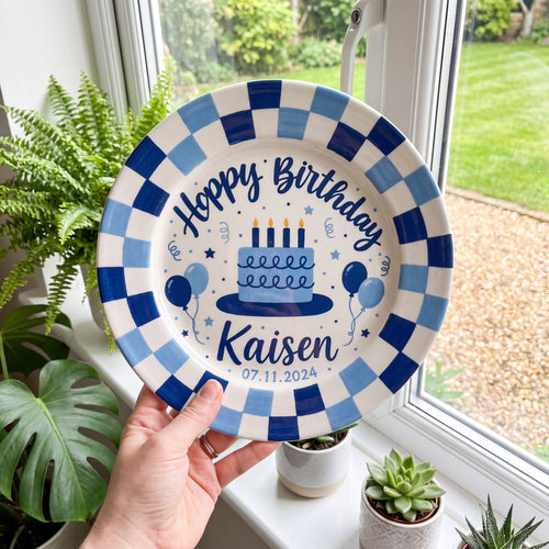 Personalized Birthday Plate – Blue Checkerboard Border, Balloon & Birthday Cake Design | BGI002