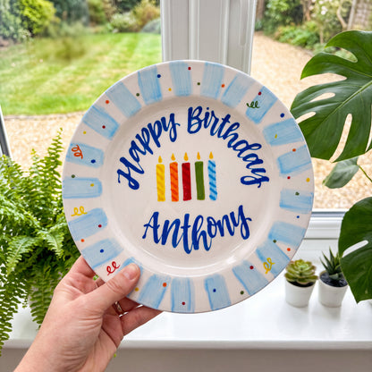 Custom Name Birthday Plate – Light Blue Stripe Rim with Birthday Candles | BGI004