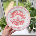 Pink Scallops Birthday Plate, Hand-Painted Birthday Party Hat Design, Custom Name Ceramic Keepsake, First Birthday | B018