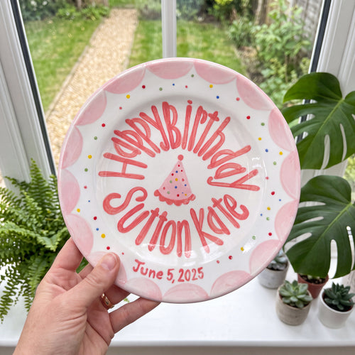 Hand-Painted Ceramic Birthday Plate, Pink Scalloped Border with Sprinkles, Custom Name Keepsake, Baby Girl Gift | B018