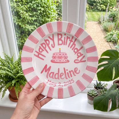 Pink Stripes Birthday Plate, Hand-Painted Pink Cake Design, Custom Name & Date Ceramic Keepsake, Toddler Gift | B023