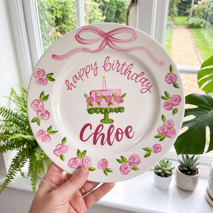 Personalized Birthday Plate – Custom Name with Floral Cake and Pink Rose Border – Birthday Celebration | BGI005