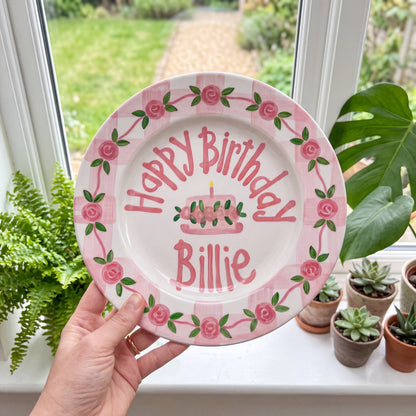 Hand-Painted Rose Garland Ceramic Birthday Plate, Pink Gingham Border, Personalized Name Keepsake, Girl Party Decor | B034