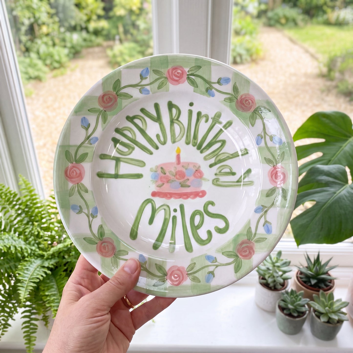 Hand-Painted Rose Garland Ceramic Birthday Plate, Sage Green Gingham Border, Personalized Name Keepsake, Party Decor | B035