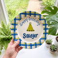 Personalized Birthday Plate – Custom Name with Blue Plaid Rim & Green Party Hat – Birthday Gift | BGI006