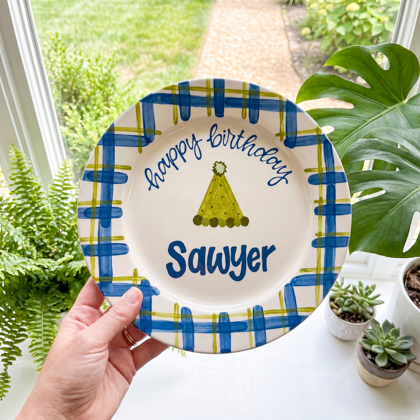 Personalized Birthday Plate – Custom Name with Blue Green Checkered Border – Birthday Celebration | BGI006