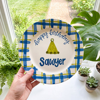 Personalized Birthday Plate – Custom Name with Blue Green Checkered Border – Birthday Celebration | BGI006