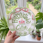 Sage Gingham Edge Birthday Plate, Hand-Painted Pink Ribbon & Cake Design, Custom Name Ceramic Plate | B036