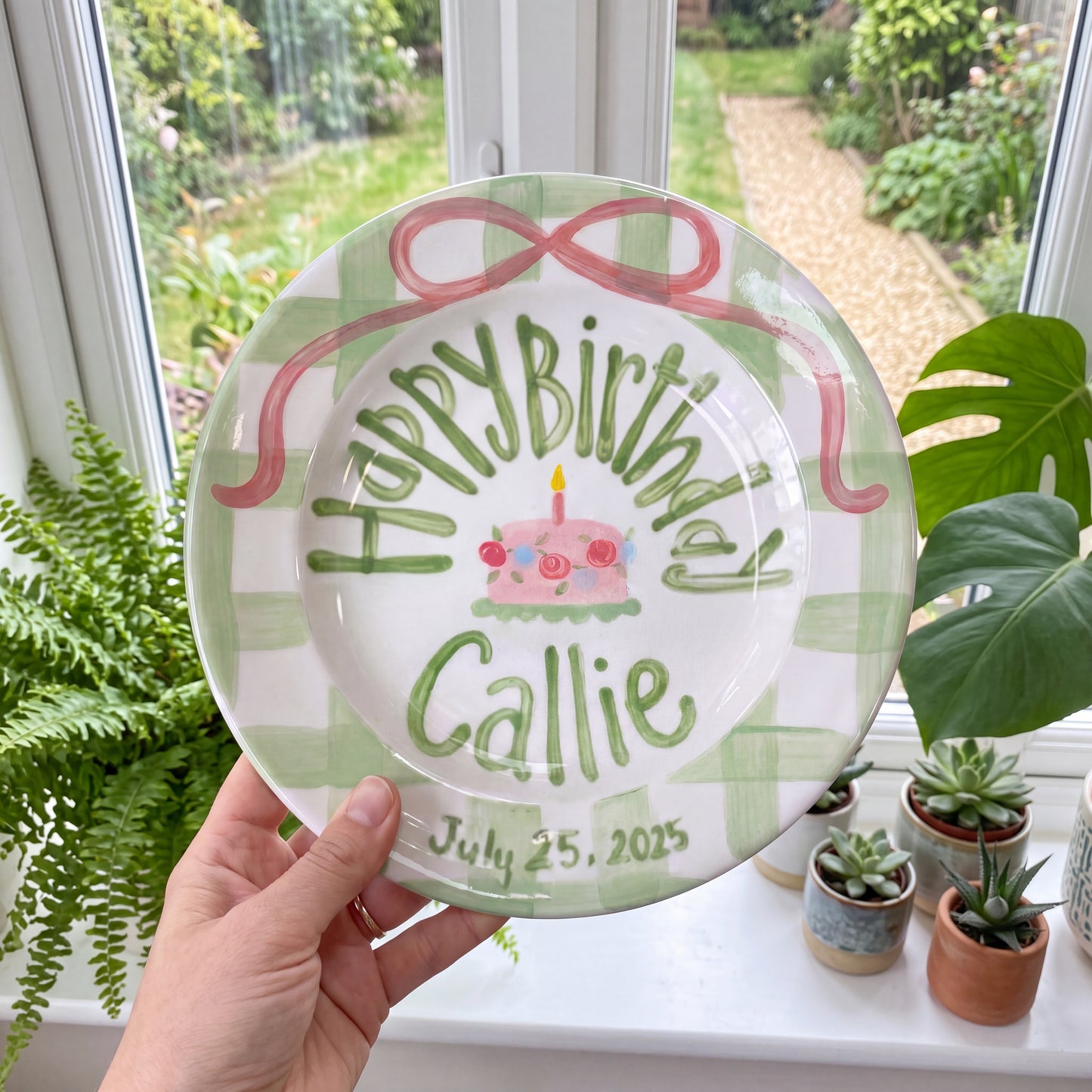 Sage Gingham Edge Birthday Plate, Hand-Painted Pink Ribbon & Cake Design, Custom Name Ceramic Plate | B036
