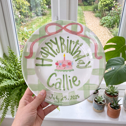 Hand-Painted Pink Bow Ceramic Birthday Plate, Sage Gingham Border, Personalized Name Keepsake, Girl Party Decor | B036