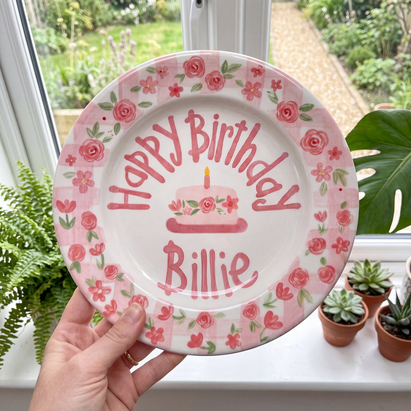 Hand-Painted Floral Wreath Ceramic Birthday Plate, Pink Gingham Border, Personalized Name Keepsake, Party Decor | B038