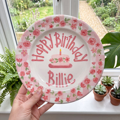 Hand-Painted Floral Wreath Ceramic Birthday Plate, Pink Gingham Border, Personalized Name Keepsake, Party Decor | B038