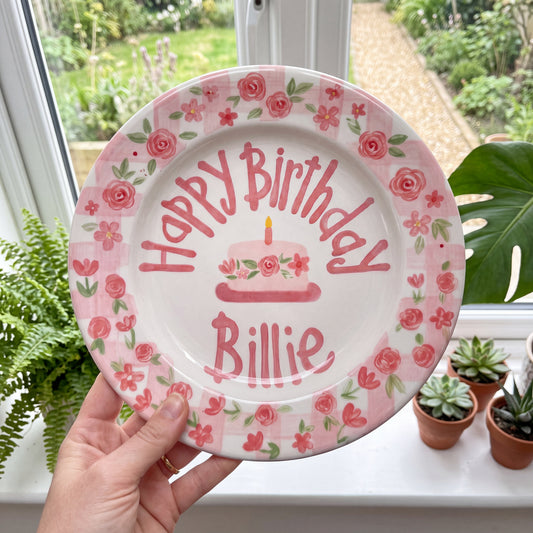 Custom Name Floral Wreath Birthday Plate, Hand-Painted Pink Gingham Border, Personalized Ceramic Keepsake Sign | B038