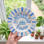 Blue Stripes Birthday Plate, Hand-Painted Birthday Cake Design, Custom Name Ceramic Keepsake, First Birthday | B039