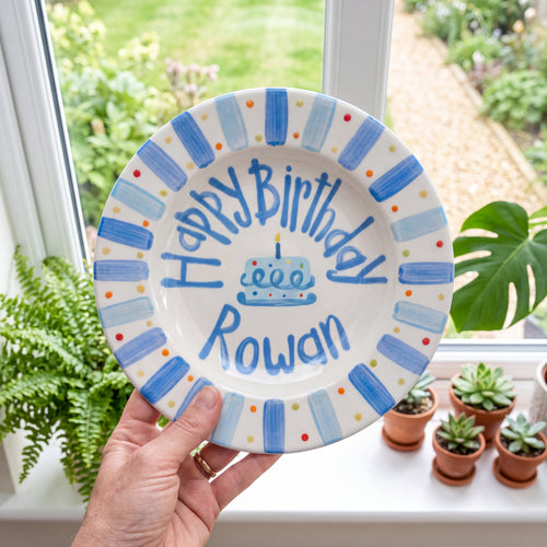 Hand-Painted Ceramic Birthday Plate, Blue Striped Border with Sprinkles, Custom Name Keepsake, Baby Boy Gift | B039
