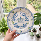 Blue Scalloped Birthday Plate, Hand-Painted Birthday Cake Design, Custom Name Ceramic Keepsake, First Birthday | B045