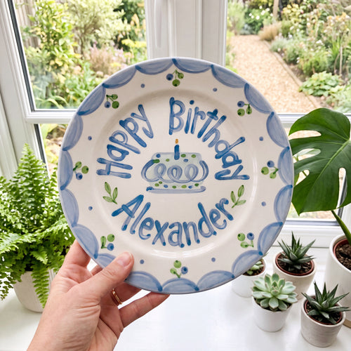 Hand-Painted Berry Garland Ceramic Birthday Plate, Blue Scalloped Border, Personalized Name Keepsake, Party Decor | B045