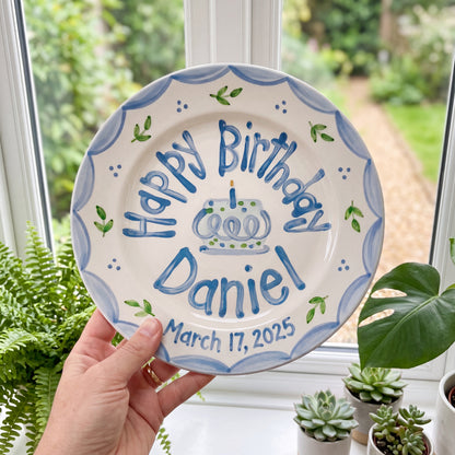 Hand-Painted Leaf Garland Ceramic Birthday Plate, Blue Scalloped Border, Personalized Name Keepsake, Party Decor | B046