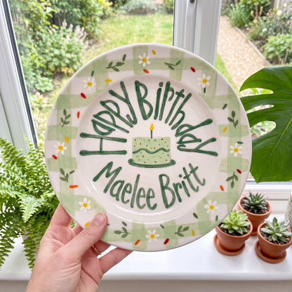 Custom Ceramic Birthday Plate, Personalized Name Cake Plate, Hand Painted Green Gingham Daisy Plate, Childrens Birthday Tradition | B050