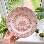Custom Hand Painted Ceramic Birthday Plate, Pink Bow Gingham Plate, Personalized Birthday Plate with Date, Baby Girl First Birthday | B051
