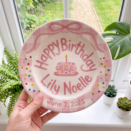 Custom Hand Painted Ceramic Birthday Plate, Pink Bow Gingham Plate, Personalized Birthday Plate with Date, Baby Girl First Birthday | B051