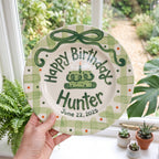 Custom Hand Painted Ceramic Birthday Plate, Green Bow Gingham Plate, Personalized Birthday Plate with Date, First Birthday Gift Boy | B052