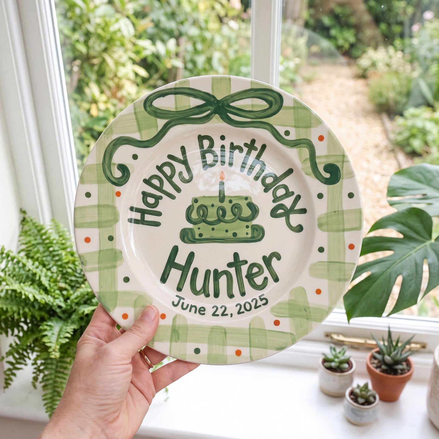 Custom Hand Painted Ceramic Birthday Plate, Green Bow Gingham Plate, Personalized Birthday Plate with Date, First Birthday Gift Boy | B052