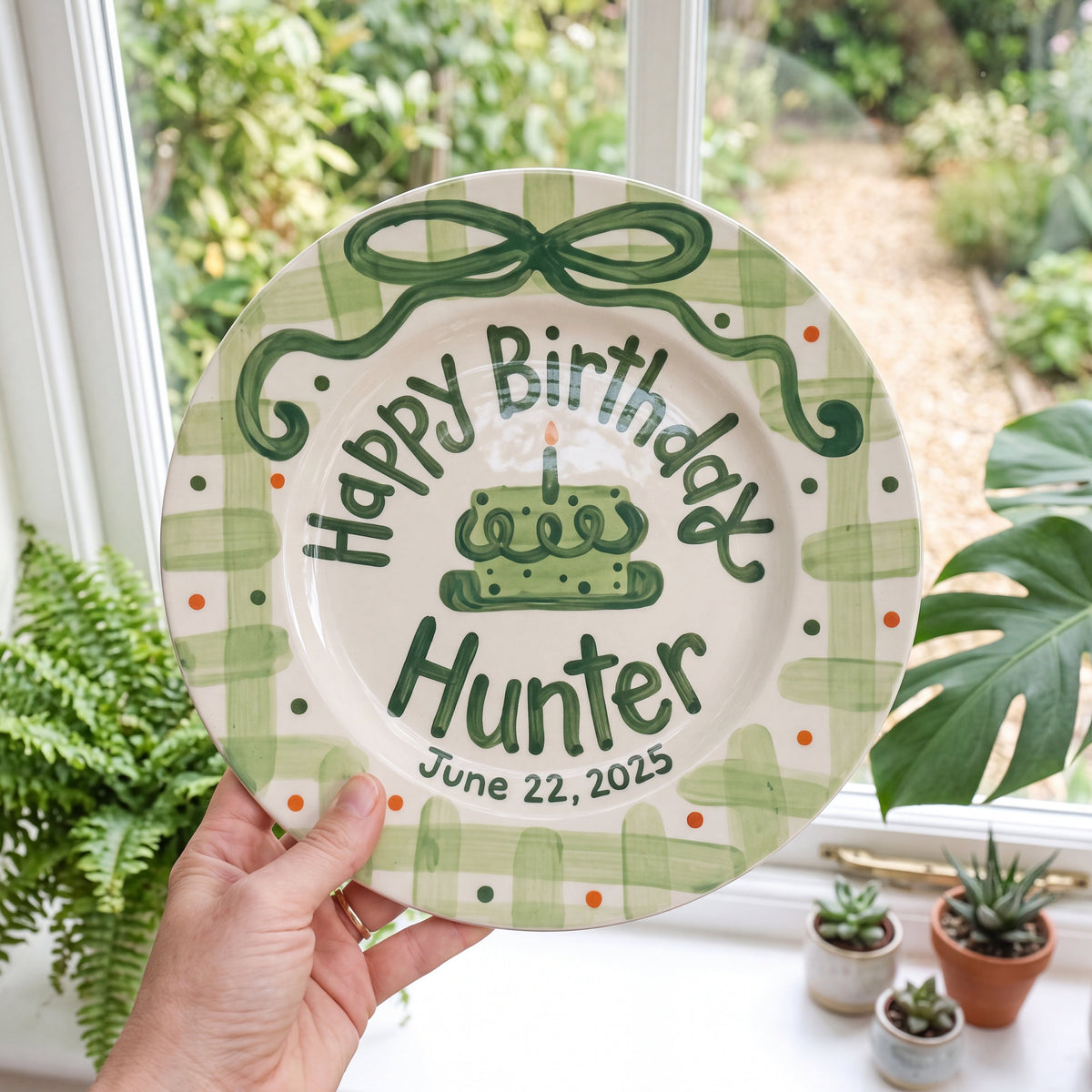 Custom Hand Painted Ceramic Birthday Plate, Green Bow Gingham Plate, Personalized Birthday Plate with Date, First Birthday Gift Boy | B052