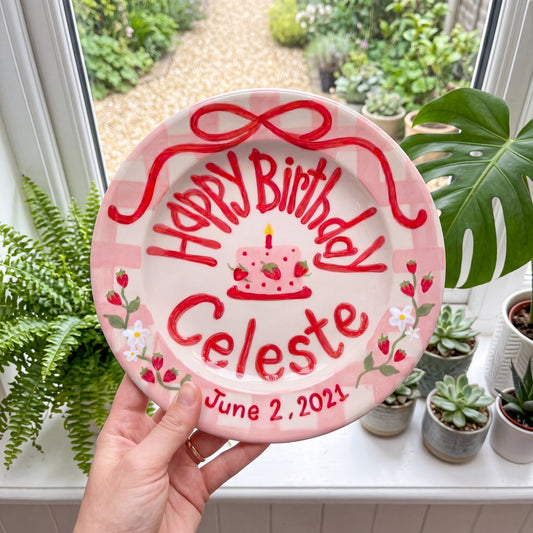 Custom Hand Painted Ceramic Birthday Plate, Strawberry Bow Gingham Plate, Personalized Birthday Plate with Date, Sweet One Birthday | B073