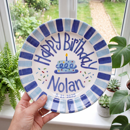 Custom Hand Painted Ceramic Birthday Plate, Blue Stripe Plate, Personalized Birthday Plate with Date, First Birthday Gift Boy | B074