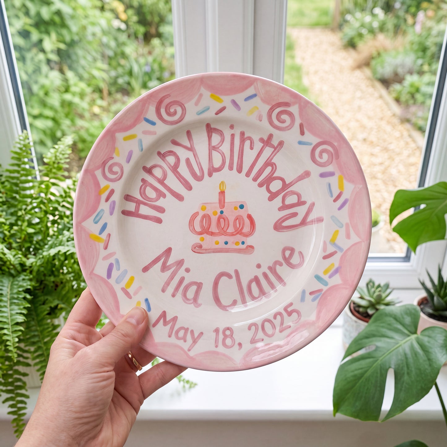 Custom Ceramic Birthday Plate Girl, Pink Scalloped Sprinkles Plate, Personalized Name Date Plate, Preppy Girls Birthday Decor | B075
