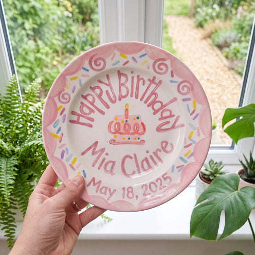 Personalized Birthday Plate Girl, Custom Pink Scallop Dish, Hand Painted Ceramic Cake Plate, Heirloom Birthday Tradition Gift | B075