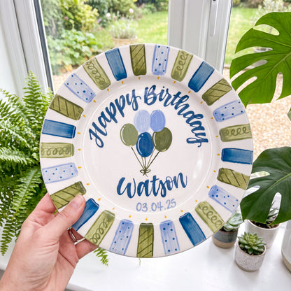 Personalized Birthday Plate – Custom Name with Blue Green Balloon Design – Birthday Gift | BGI008