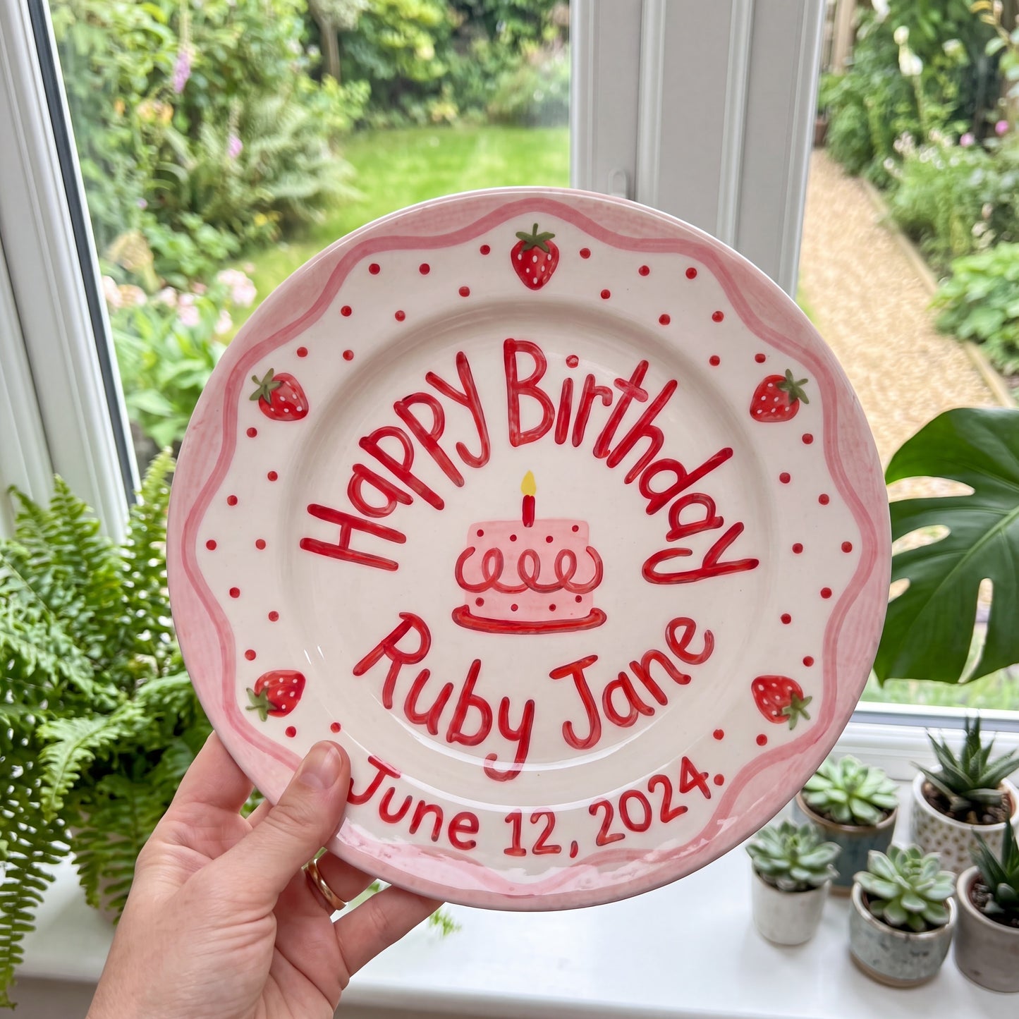 Personalized Birthday Plate Girl, Custom Strawberry Scallop Plate, Hand Painted Ceramic Cake Plate, Heirloom Birthday Tradition Gift | B076