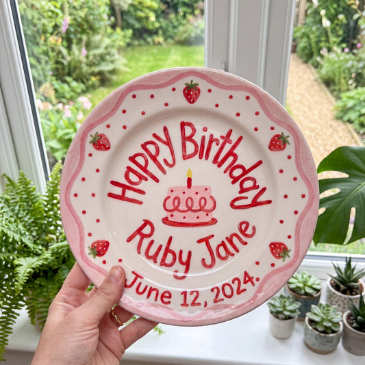Custom Hand Painted Ceramic Birthday Plate, Pink Scalloped Strawberry Plate, Personalized Birthday Plate Date, Sweet One Birthday | B076
