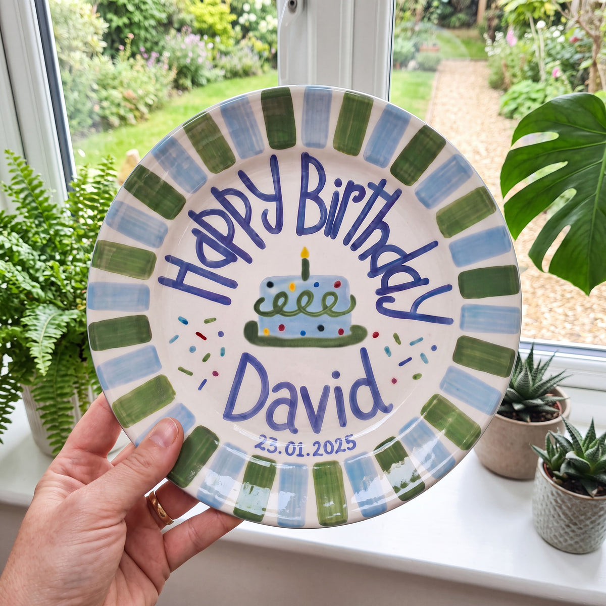 Custom Hand Painted Ceramic Birthday Plate, Blue Green Stripe Plate, Personalized Birthday Plate with Date, First Birthday Gift Boy | B078