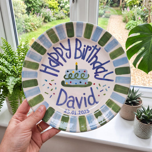 Custom Hand Painted Ceramic Birthday Plate, Blue Green Stripe Plate, Personalized Birthday Plate with Date, First Birthday Gift Boy | B078