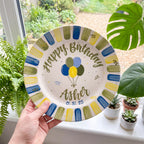 Personalized Birthday Plate – Custom Name & Date with Blue Green Yellow Striped Border and Balloon Design – Birthday Celebration | BGI009
