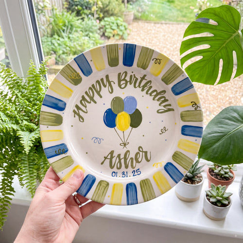 Personalized Birthday Plate – Custom Name & Date with Blue Green Yellow Striped Border and Balloon Design – Birthday Celebration | BGI009