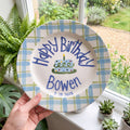 Personalized Blue Green Birthday Plate, Custom Ceramic Birthday Dish, Plaid Cake Plate, Boys Birthday Tradition Heirloom Keepsake | B081