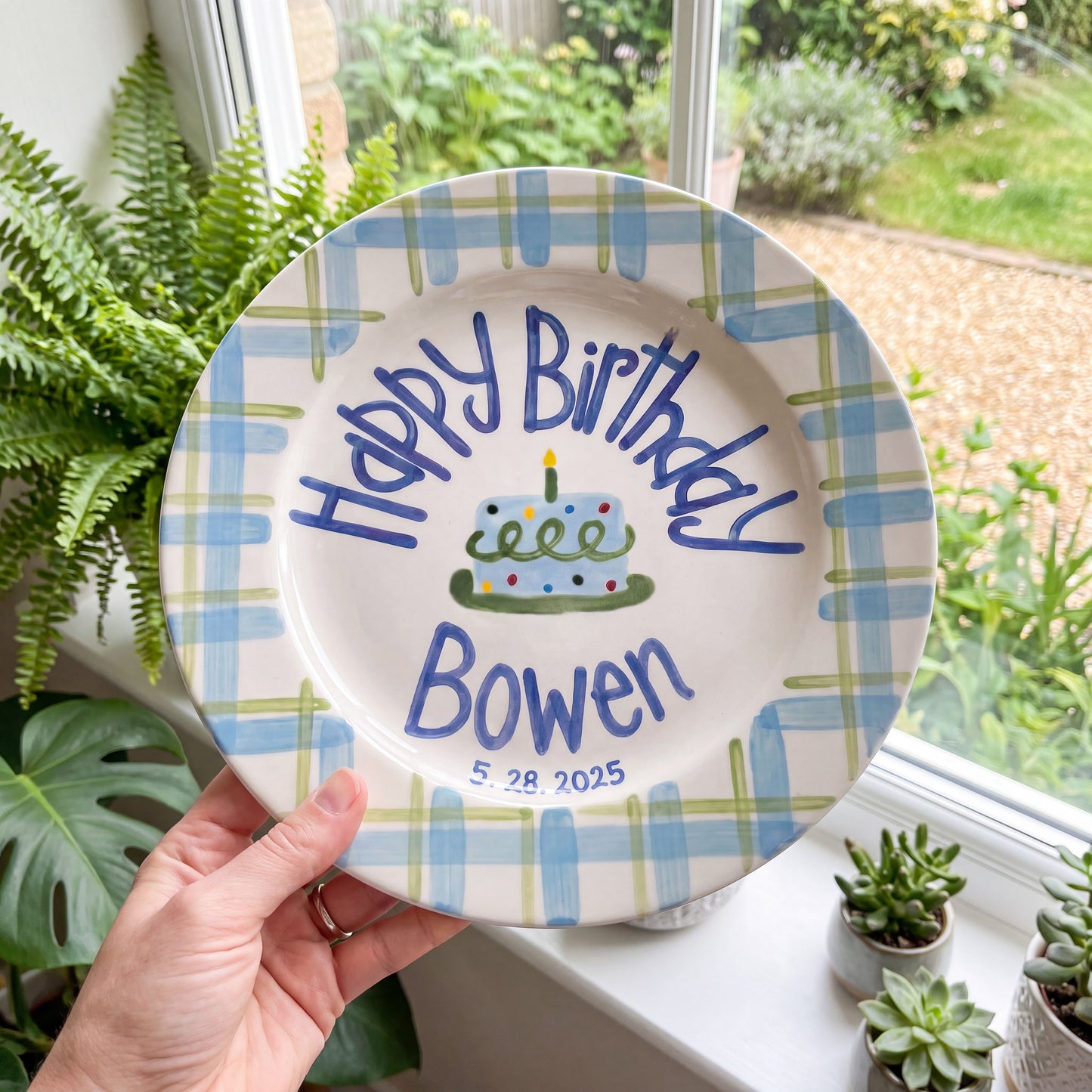 Personalized Blue Green Birthday Plate, Custom Ceramic Birthday Dish, Plaid Cake Plate, Boys Birthday Tradition Heirloom Keepsake | B081