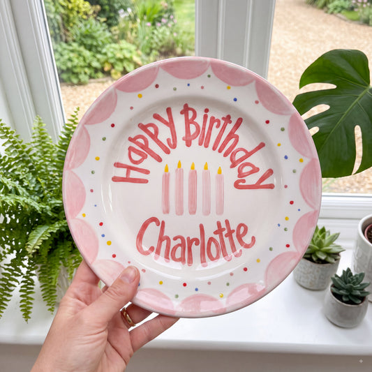 Personalized Pink Birthday Plate, Custom Ceramic Birthday Dish, Pink Scallop Candle Plate, Girls Birthday Tradition Keepsake | B082