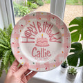 Custom Hand Painted Ceramic Birthday Plate, Pink Gingham Confetti Plate, Personalized Birthday Plate Date, First Birthday Gift Girl | B087