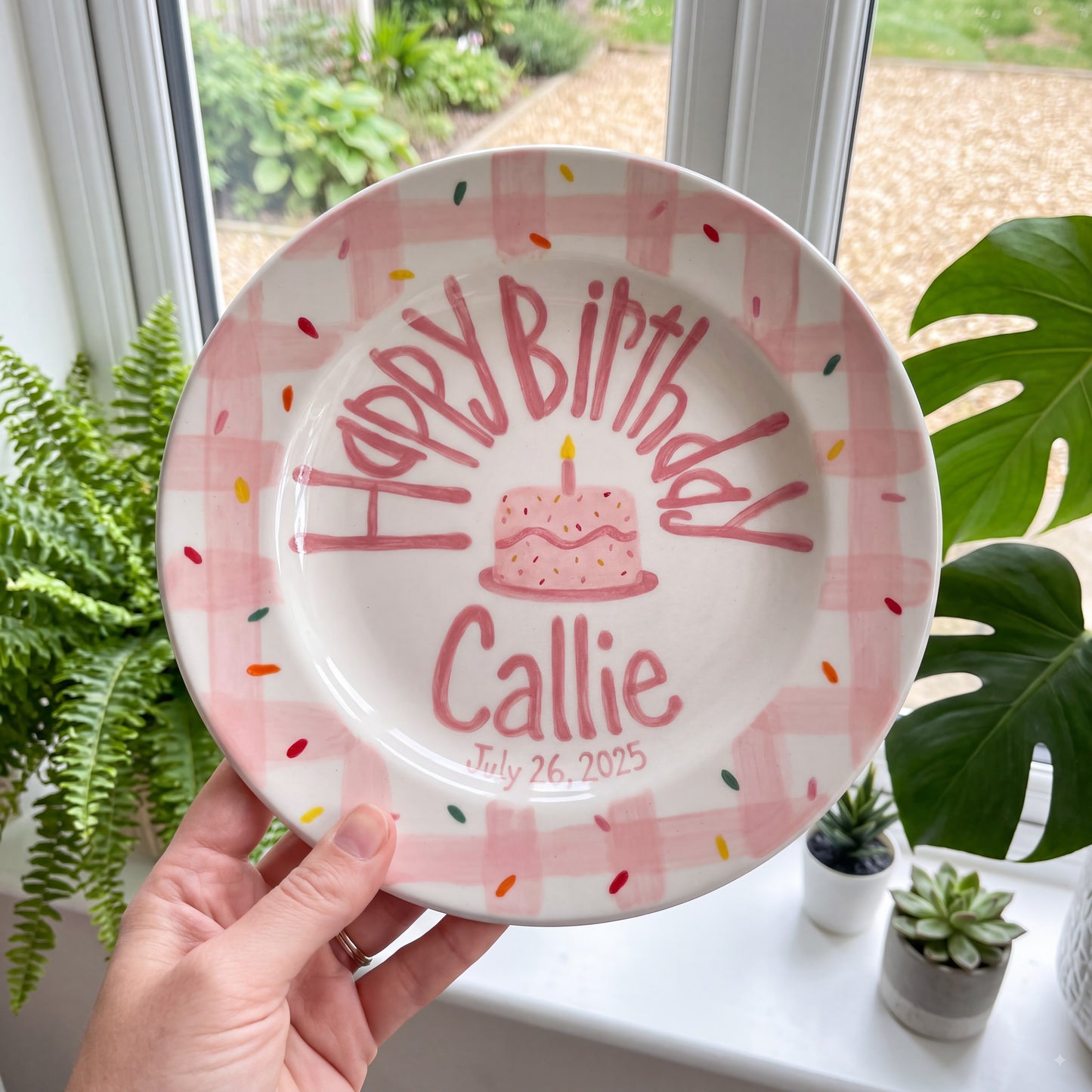 Custom Hand Painted Ceramic Birthday Plate, Pink Gingham Confetti Plate, Personalized Birthday Plate Date, First Birthday Gift Girl | B087